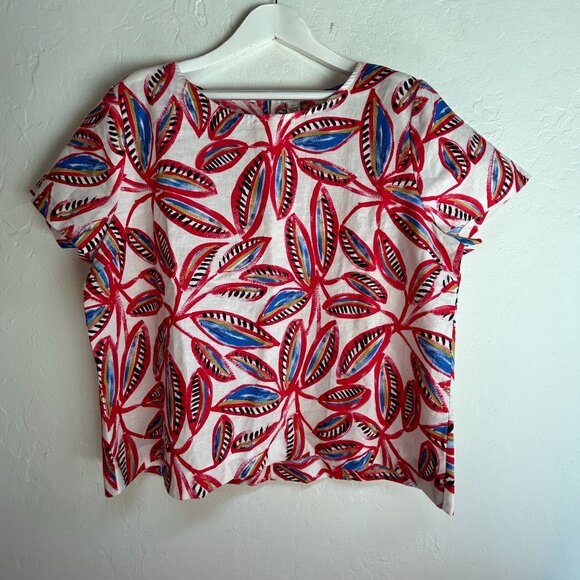 J.Crew Womens White Red Leaf Print Linen Cotton Short Sleeve Top XXL F1172 New - Picture 1 of 8